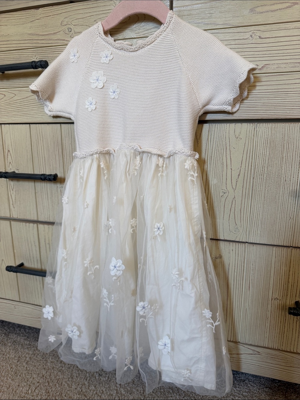 next Cream Knit Bodice Floral Appliqué Tulle Dress